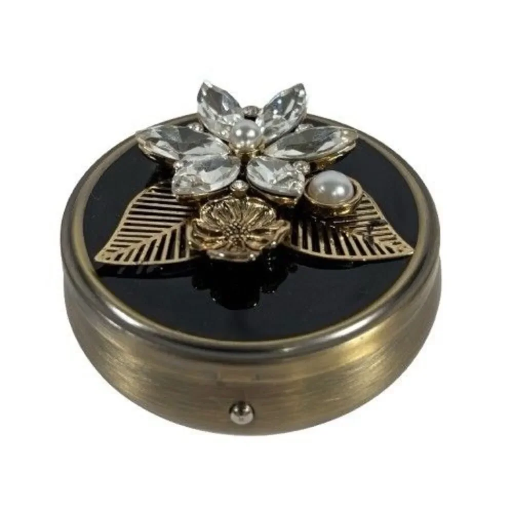 Pill Box Trinket Floral Design Blk Brass w/Crystal Embellishments 3 Compartments